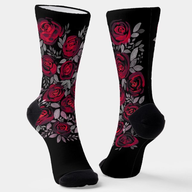 Watercolor roses, red roses on black socks (Angled)