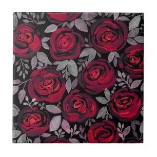 Watercolor roses, red roses on black tile