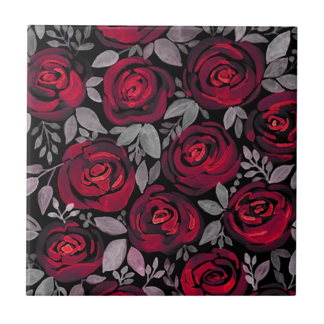Watercolor roses, red roses on black tile (Front)