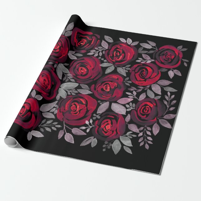Watercolor roses, red roses on black wrapping paper (Unrolled)