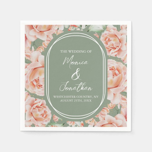 Watercolor Roses Sage Green Blush Pink Wedding Napkin (Front)
