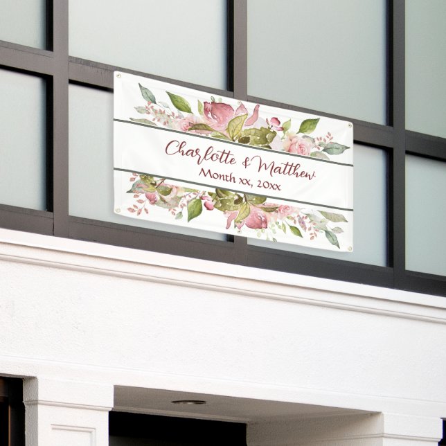 Watercolor Roses Soft Pink Wedding Banner (Outside Building)