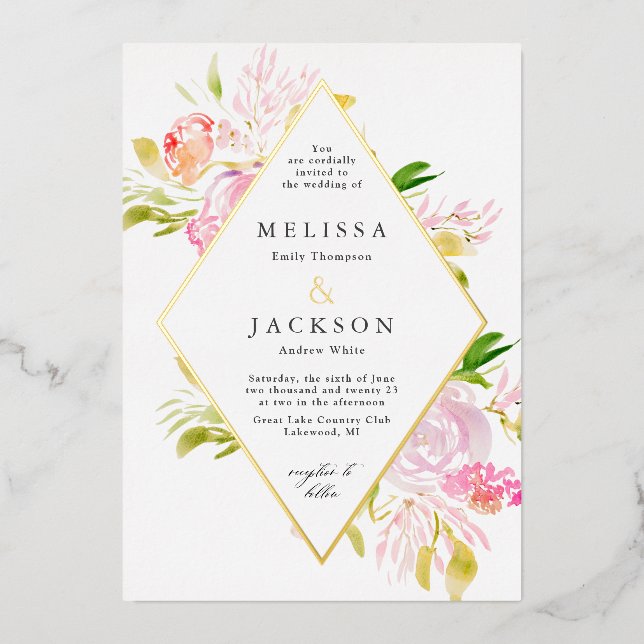 Watercolor Roses Spring Flower Invitation Diamond (Front)