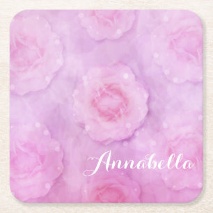 Watercolor roses square paper coaster