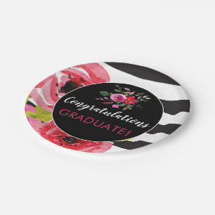 Watercolor Roses &  Stripes Personalized Paper Paper Plate