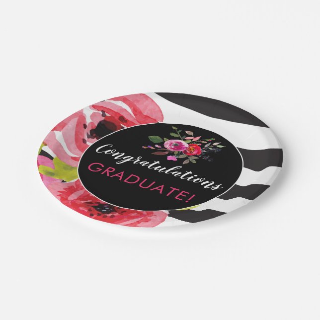 Watercolor Roses &  Stripes Personalized Paper Plate (Angled)