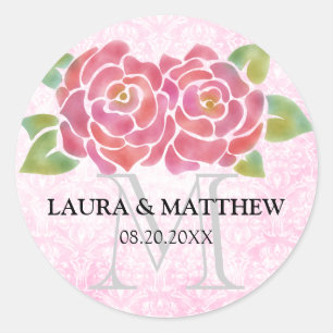 Watercolor Roses Wedding Favour Monogram Stickers