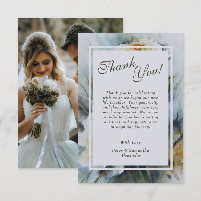 Watercolor Roses Wedding Photo Thank You Card (Front/Back)