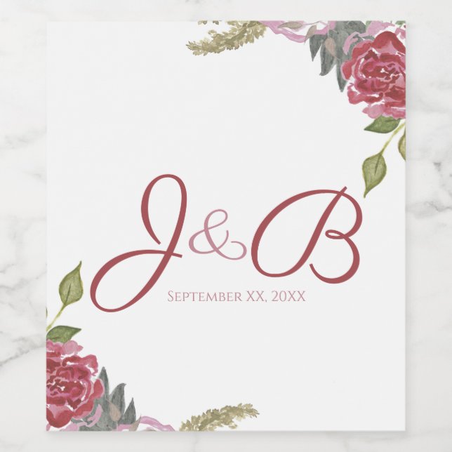 Watercolor Roses Wedding Wine Label (Single Label)