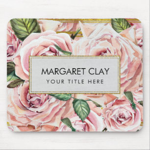 Watercolor Roses with gold glitter stripes Mouse Pad