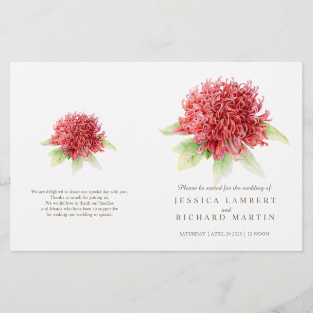 Watercolor rouge waratah programme de mariage (Devant)