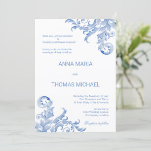 Watercolor Royal Blue Flourish Wedding Invitation