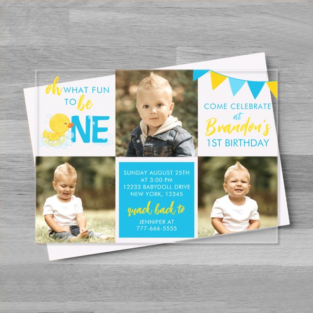 Watercolor Rubber Duck 3 Photo Birthday Acrylic Invitations (What Fun to Be One Watercolor Rubber Duck boy Birthday Invite)