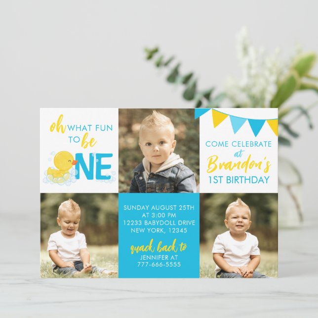 Watercolor Rubber Duck 3 Photo Birthday Invitation (Standing Front)