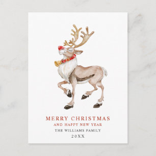 Watercolor Rudolf Reindeer Merry Christmas Holiday Postcard