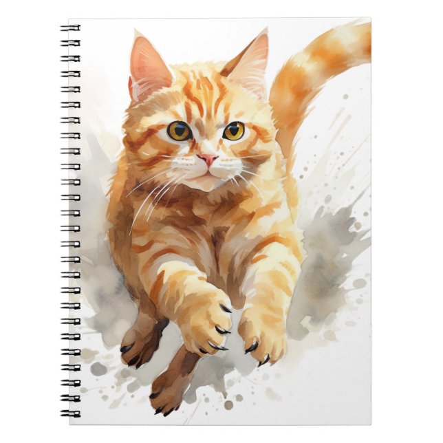 WATERCOLOR RUNNING ORANGE TABBY CAT NOTEBOOK (Front)