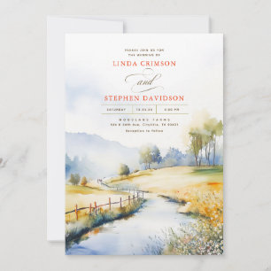 Watercolor Rural Landscape Rustic Country Wedding Invitation