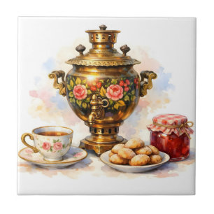 Watercolor Russian Samovar with Cookies, Jam  Tile