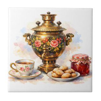 Watercolor Russian Samovar with Cookies, Jam Tile