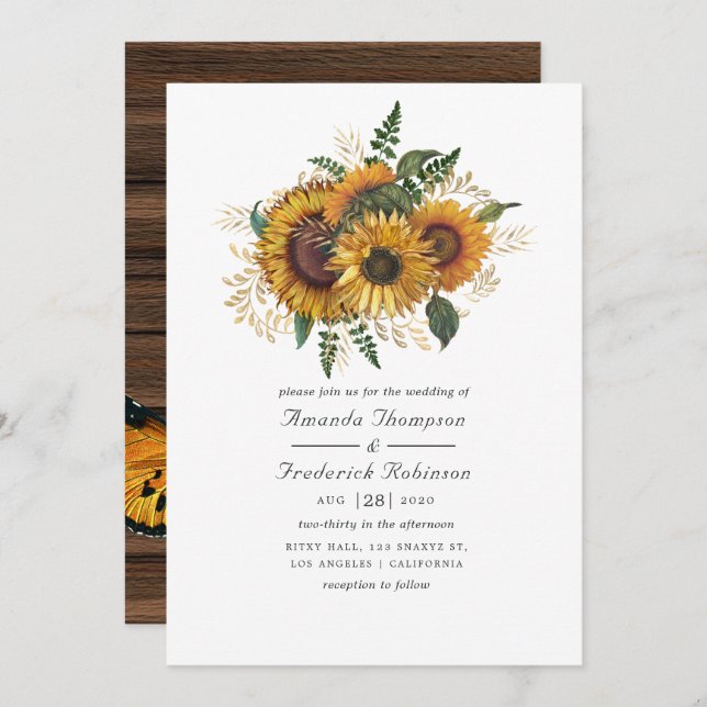 Watercolor Rustic Autumn - Fall Sunflower Wedding Invitation (Front/Back)