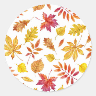 Watercolor Rustic Autumn Leaves Pattern Classic Round Sticker