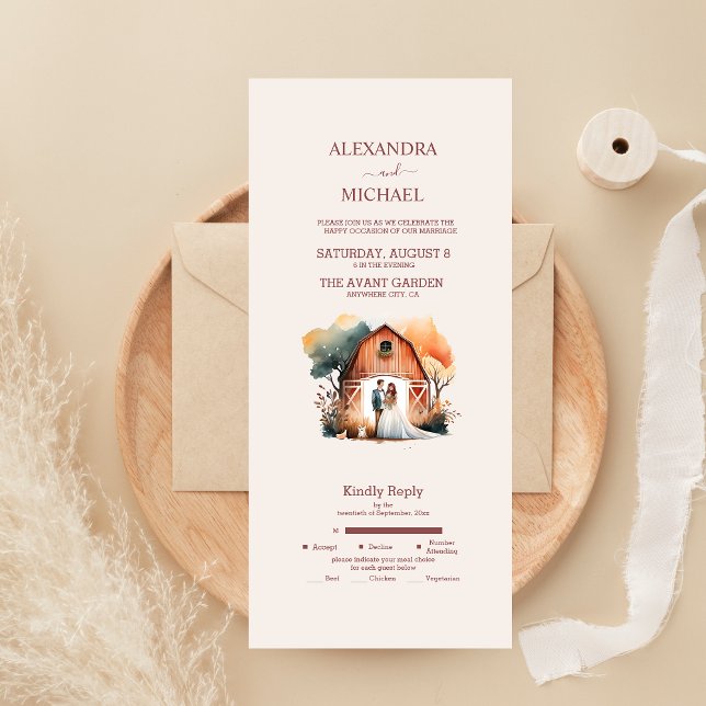 Watercolor Rustic Barn Wedding All In One Invitation (Creator Uploaded)