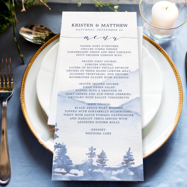 Watercolor Rustic Blue Mountain Wedding Menu (Each menu showcases a delicate watercolor design, reflecting the cool hues of a mountain landscape.)