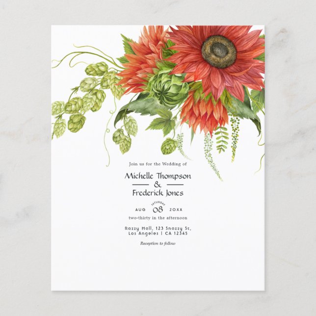Watercolor Rustic Bohemian Red Sunflowers Wedding Flyer (Front)