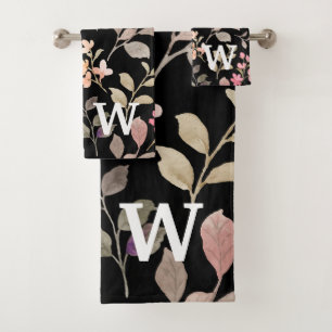 Watercolor Rustic Botanical Leaves  Monogram  Bath Towel Set