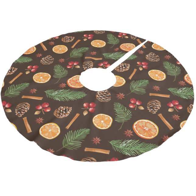 Watercolor Rustic Botanical Pattern Christmas Brushed Polyester Tree Skirt (Angled)