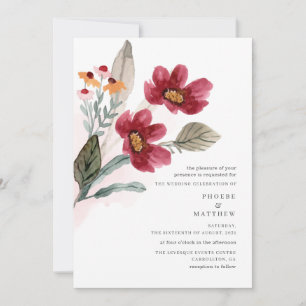 Watercolor Rustic Burgundy Floral Wedding  Invitation