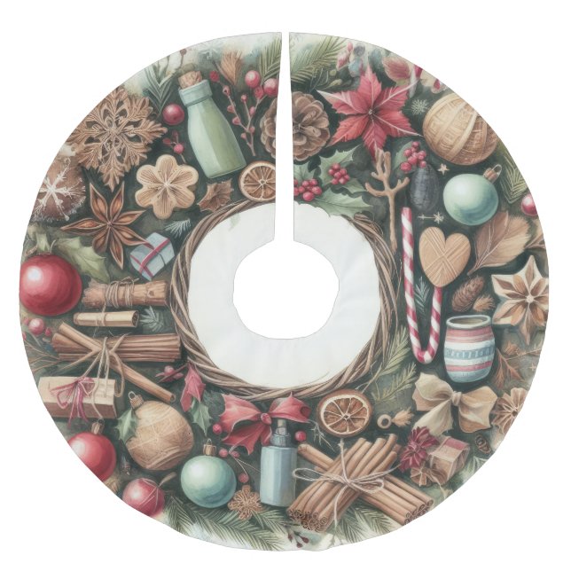 Watercolor Rustic Country Christmas Holiday Brushed Polyester Tree Skirt (Front)