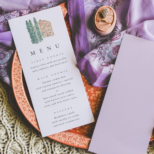 Watercolor Rustic Cypress Trees Wedding Menu (Watercolor cypress tress for a lavender fields wedding menu.)