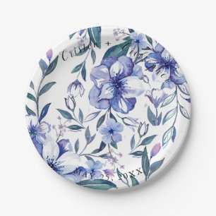 Watercolor Rustic Dusty Blue Floral Wedding Paper Plate