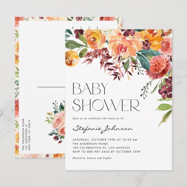 Watercolor Rustic Fall Flowers Baby Shower Invitation Postcard (Front/Back)