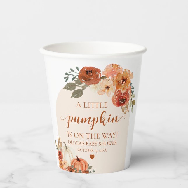 Watercolor Rustic Fall Little Pumpkin Baby Shower Paper Cups (Front)