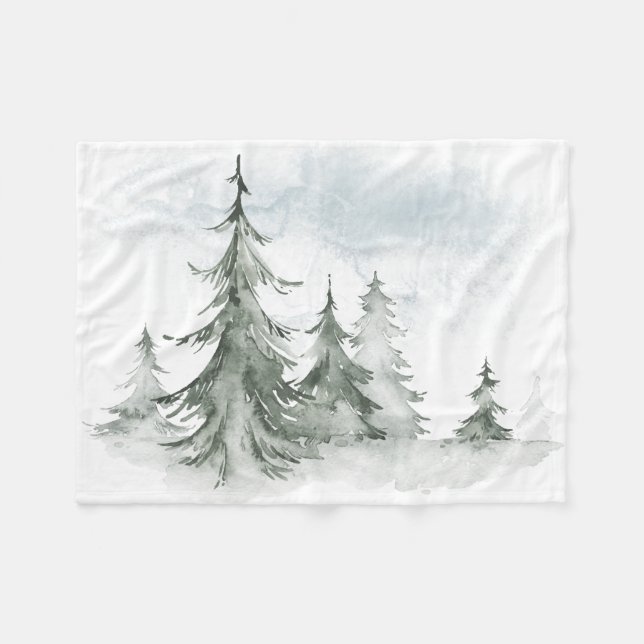Watercolor Rustic Fir Trees Forest Winter Fleece Blanket (Front (Horizontal))