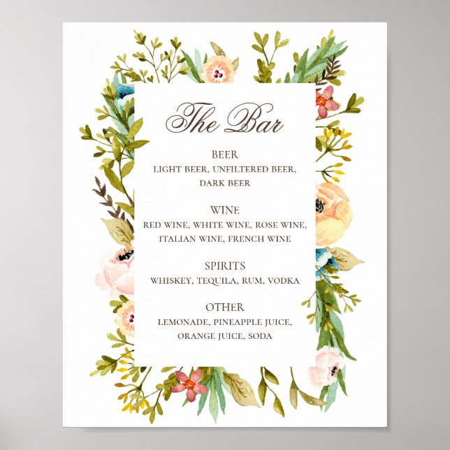 Watercolor rustic floral wedding drinks bar menu poster (Front)
