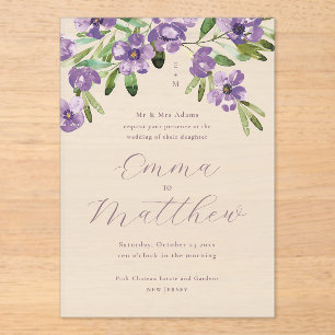 Watercolor Rustic Flowers Purple Wedding Acrylic Invitations
