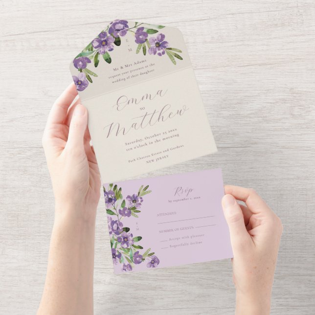 Watercolor Rustic Flowers Purple Wedding All In One Invitation (Tearaway)