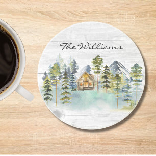 Watercolor Rustic Foggy Forest Mountain Cabin Coaster