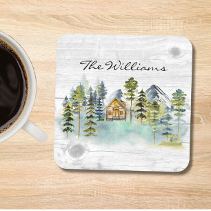 Watercolor Rustic Foggy Forest Mountain Cabin Coaster