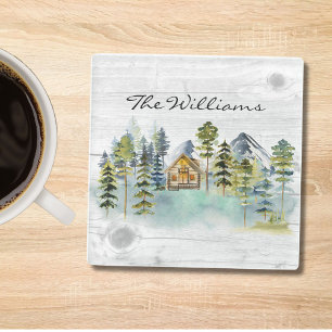 Watercolor Rustic Foggy Forest Mountain Cabin Glass Coaster