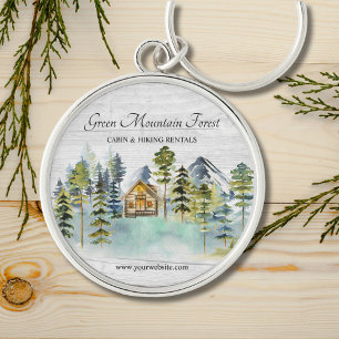 Watercolor Rustic Foggy Forest Mountain Cabin Keychain