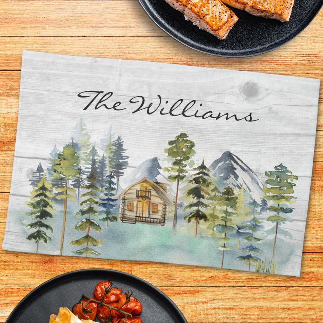 Watercolor Rustic Foggy Forest Mountain Cabin Kitchen Towel (In situ)