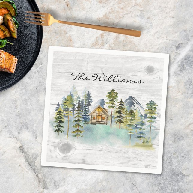 Watercolor Rustic Foggy Forest Mountain Cabin Napkin (In situ)