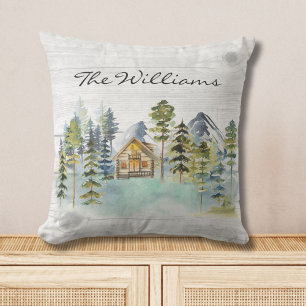 Watercolor Rustic Foggy Forest Mountain Cabin Outdoor Pillow