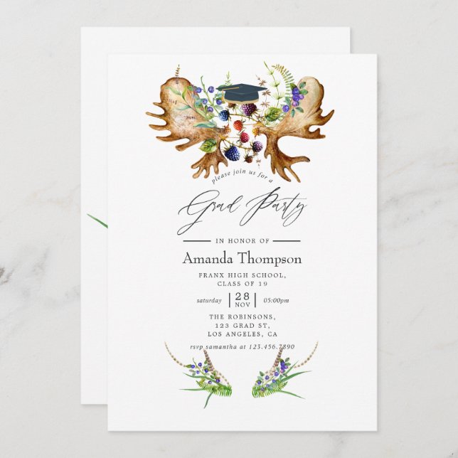 Watercolor Rustic Forest Graduation Party Invitation (Front/Back)