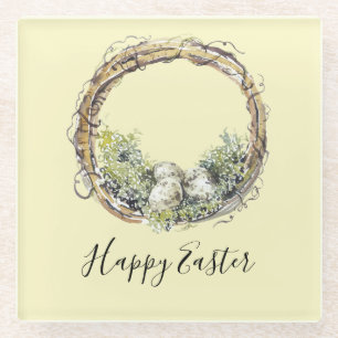 Watercolor Rustic Grapevine & Egg Nest Easter  Glass Coaster