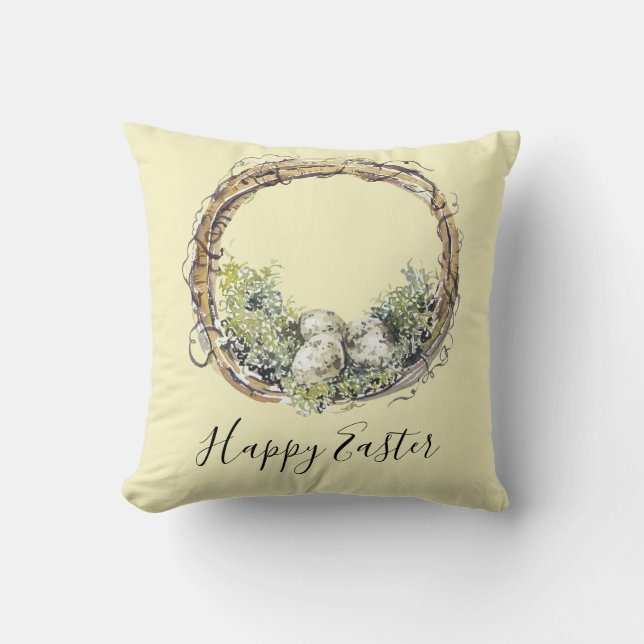 Watercolor Rustic Grapevine & Egg Nest Easter Throw Pillow (Front)